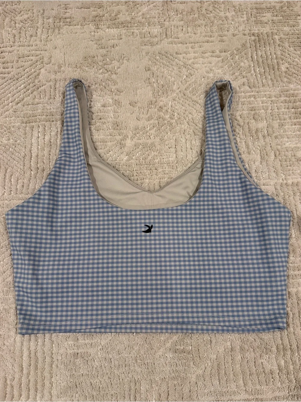 Glyder Blue & White Gingham V-Neck Sports Bra Tank Size Medium